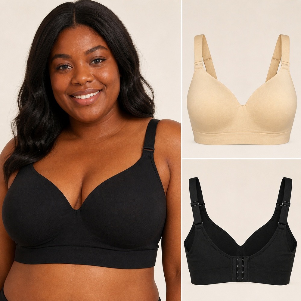 Truekind Supportive Comfort Shaping Wireless Bra 2XL Black Beige Set of 2